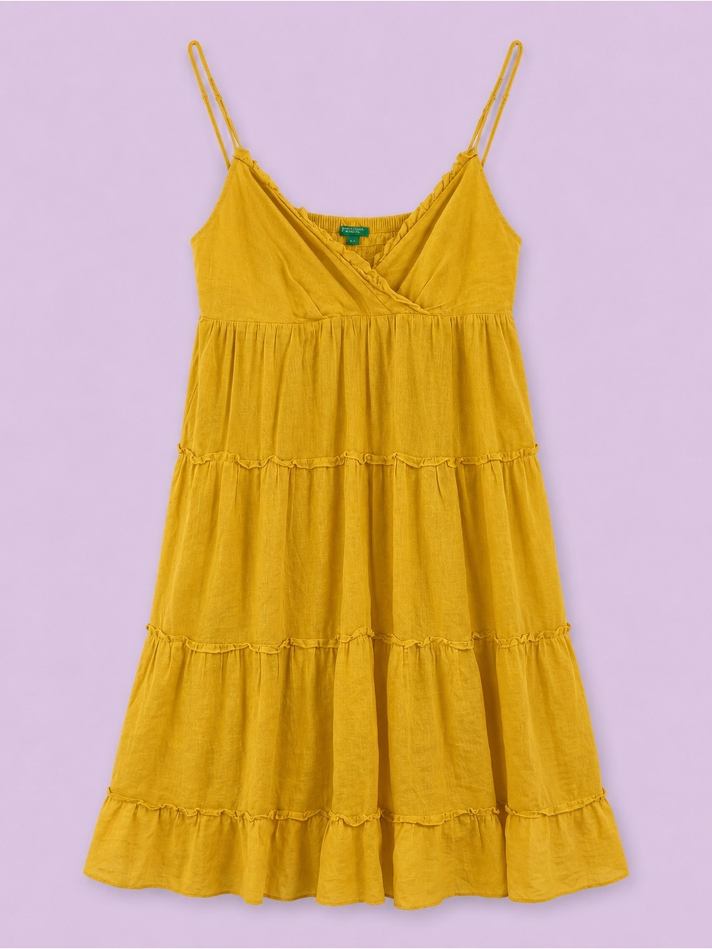 United Colors of Benetton Mustard Yellow Tiered Midi Sundress Linen Blend Medium